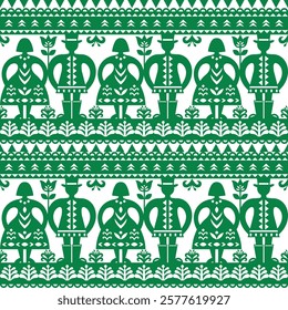 Polish folk art vector seamless pattern with man and woman - Kurpiowskie Leluje Wycinanki - Kurpie paper cut outs design in green
