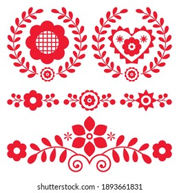 Polish folk art vector wreath design and pattern collection with flowers and hearts - perfect for greeting card or wedding invitation. Floral patterns inspired by old embroidery from Poland