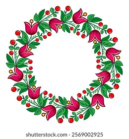 Polish folk art from Zalipie vector floral wreath design - pattern with flowers and leaves in circle. Polish folk art from Zalipie vector floral wreath design - pattern with flowers and leaves 