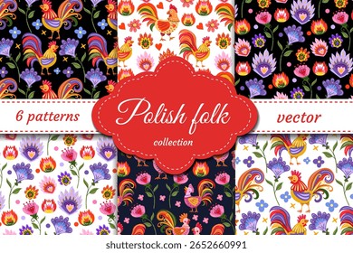 Polish Folk Collection hand drawn vector patterns with traditional roosters, flowers and folk motifs. Colorful seamless set inspired by Eastern European embroidery and paper cut art.