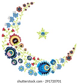 Polish folk inspired  floral pattern in moon and star shape on white  background
