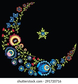 Polish folk inspired floral pattern in moon and star shape on black  background
