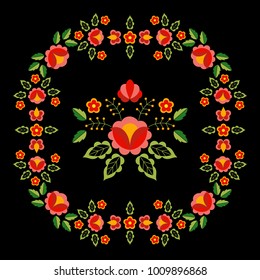 Polish folk pattern vector. Floral ethnic ornament. Slavic eastern european print. Square frame flower design for bohemian pillow case, gypsy silk scarf, fashion embroidery, boho interior textile.