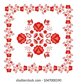 Polish folk pattern vector. Floral ethnic ornament. Slavic eastern european print. Red flower frame design for rustic wedding card, bohemian pillow case, fashion embroidery scarf, boho tablecloth.