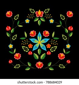 Polish folk pattern vector. Floral ethnic ornament. Slavic eastern european print. Square flower design for gypsy interior textile, bohemian pillow case, fashion embroidery, boho poster, silk scarf.