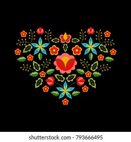 Polish folk pattern vector. Floral ethnic ornament. Slavic eastern european print. Heart flower design for boho valentines cards, bohemian pillow case, neckline embroidery, gypsy interior textile.