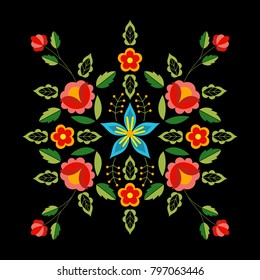 Polish folk pattern vector. Floral ethnic ornament. Slavic eastern european print. Square flower design for gypsy pillow case textile, bohemian silk scarf bandana, fashion embroidery, boho poster.