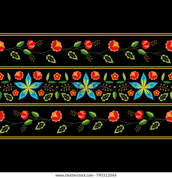 ポーランドの民族柄のベクター画像 花柄の民族的な装飾 スラブ語の東ヨーロッパの活字 ジプシー枕ケース ボヘミアン内装 織物 毛布 メキシコのテーブルクロス刺繍用の縁花デザイン のベクター画像素材 ロイヤリティフリー