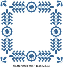 Polish Folk Vector Frame Isolated On White Background With Traditional Blue Floral Ornament 