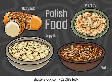 Polish food. A set of classic dishes. Cartoon hand drawn illustration.