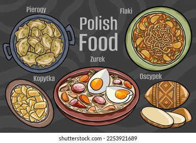 Polish food. A set of classic dishes. Cartoon hand drawn illustration.