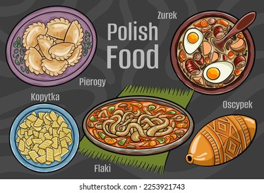 Polish food. A set of classic dishes. Cartoon hand drawn illustration.