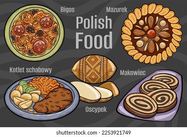 Polish food. A set of classic dishes. Cartoon hand drawn illustration.