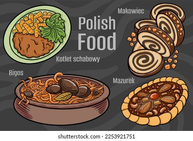 Polish food. A set of classic dishes. Cartoon hand drawn illustration.