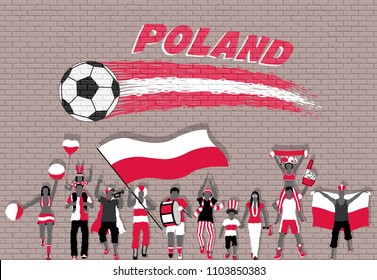 Polish football fans cheering with Poland flag colors in front of soccer ball graffiti. All the objects are in different layers and the text types do not need any font. 