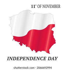 Polish holiday 11th of November. Design for Poland independence day with waving flag and map. All isolated on white background. Vector