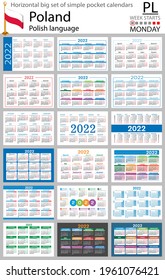 horizontal polaca Gran juego de calendarios de bolsillo para 2022 (dos mil veintidós). La semana empieza el lunes. Año nuevo. Diseño sencillo en color. Vector