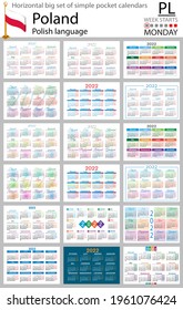 horizontal polaca Gran juego de calendarios de bolsillo para 2022 (dos mil veintidós). La semana empieza el lunes. Año nuevo. Diseño sencillo en color. Vector
