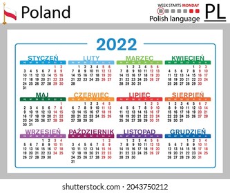 Polish horizontal pocket calendar for 2022 (two thousand twenty two). Week starts Monday. New year. Color simple design. Vector