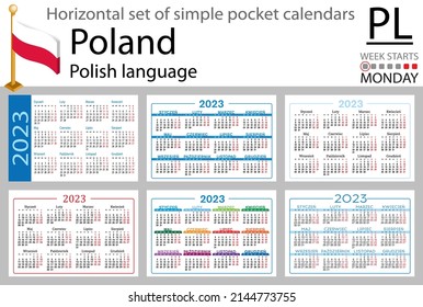 Polish horizontal pocket calendar for 2023 (two thousand twenty three). Week starts Monday. New year. Color simple design. Vector