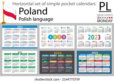 Polish horizontal pocket calendar for 2023 (two thousand twenty three). Week starts Monday. New year. Color simple design. Vector