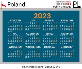 Polish horizontal pocket calendar for 2023 (two thousand twenty three). Week starts Monday. New year. Color simple design. Vector