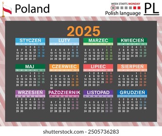 Polish horizontal pocket calendar for 2025 (two thousand twenty five). Week starts Monday. New year. Color simple design. Vector