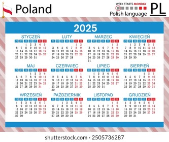 Polish horizontal pocket calendar for 2025 (two thousand twenty five). Week starts Monday. New year. Color simple design. Vector