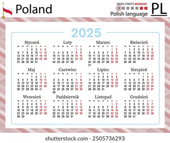 Polish horizontal pocket calendar for 2025 (two thousand twenty five). Week starts Monday. New year. Color simple design. Vector