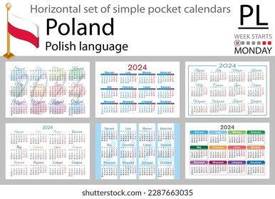 Polish horizontal set of pocket calendar for 2024 (two thousand twenty four). Week starts Monday. New year. Color simple design. Vector