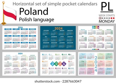 Conjunto horizontal polaco de calendario de bolsillo para 2024 (dos mil veinticuatro). La semana empieza el lunes. Año nuevo. Diseño sencillo en color. Vector