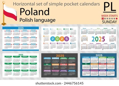Polish horizontal set of pocket calendar for 2025 (two thousand twenty five). Week starts Sunday. New year. Color simple design. Vector