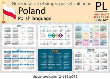 Polish horizontal set of pocket calendar for 2025 (two thousand twenty five). Week starts Sunday. New year. Color simple design. Vector