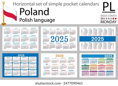 Conjunto Horizontal polaco de calendario de bolsillo para 2025 (dos mil veinticinco). La semana empieza el lunes. Nuevo año. Diseño de color simple. Vector