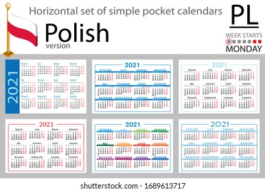 Polish horizontal set of pocket calendars for 2020 (two thousand twenty one). Week starts Monday. New year. Color simple design. Vector