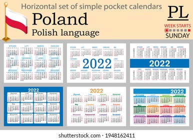 Polish horizontal set of pocket calendars for 2022 (two thousand twenty two). Week starts Sunday. New year. Color simple design. Vector