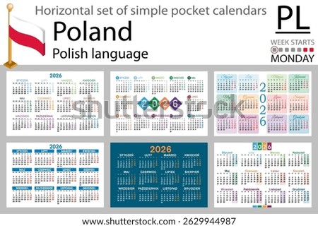Polish horizontal Set of pocket calendars for 2026 (Two thousand twenty six). Week starts Monday. New year. Color simple design. Vector
