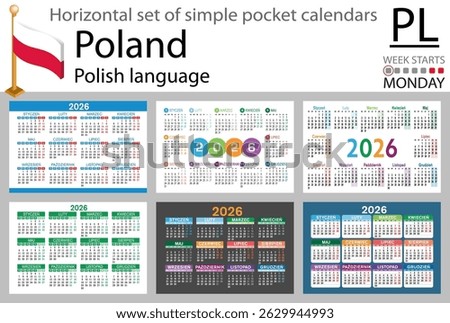 Polish horizontal Set of pocket calendars for 2026 (Two thousand twenty six). Week starts Monday. New year. Color simple design. Vector