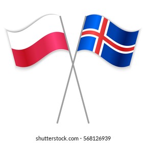 Polish and Icelandic crossed flags. Poland combined with Iceland isolated on white. Language learning, international business or travel concept.