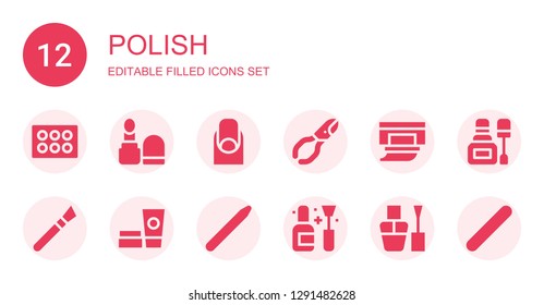 polish icon set. Collection of 12 filled polish icons included Eyeshadow, Make up, Nails, Nail clippers, Wipes, Makeup, Cosmetics, Nail brush, Nail polish, file