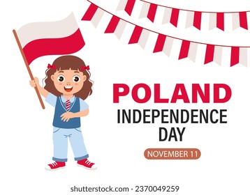 Polish Independence Day. Cute little girl with Polish flag. Poland Independence Day banner. Illustration, poster, vector