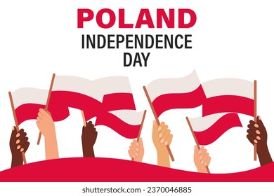 Polish Independence Day. Multiracial hands with Polish flags. Poland Independence Day banner. Illustration, poster, vector