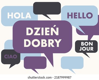 Polish language courses concept illustration. Translation from left to right: word "Hello" in  Spanish, English, Polish,  Italian, French languages. Speaking Polish language background. Vector.