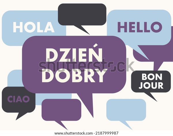 Polish language courses concept illustration.\
Translation from left to right: word \