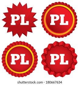 Polish language sign icon. PL translation symbol. Red stars stickers. Certificate emblem labels. Vector