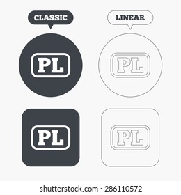 Polish language sign icon. PL translation symbol with frame. Classic and line web buttons. Circles and squares. Vector