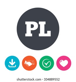 Polish language sign icon. PL translation symbol. Download arrow, handshake, tick and heart. Flat circle buttons.