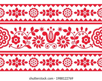 Polish long horizontal vector seamless embroidery pattern with flowers and hearts inspired by folk art embroidery Lachy Sadeckie - textile or fabric print ornament. Traditional Slavic floral design