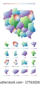 Polish low poly regions. Polygonal map of Poland with regions. Geometric maps for your design. Appealing vector illustration.