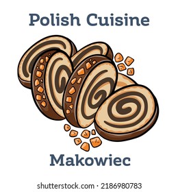 Polish makowiec. Poppy seed glazed roll, traditional Chistmas beigli cake on wooden table on black cutting board. 